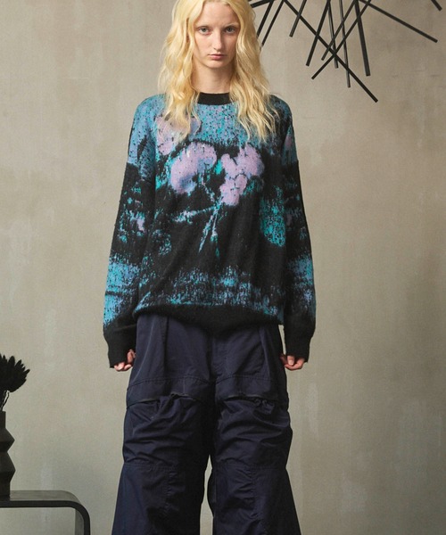 UNISEX》Contemporary Art Jacquard Prime-Over Crew Neck Shaggy Knit