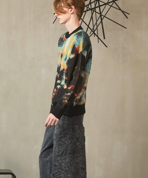 UNISEX》Contemporary Art Jacquard Prime-Over Crew Neck Shaggy Knit