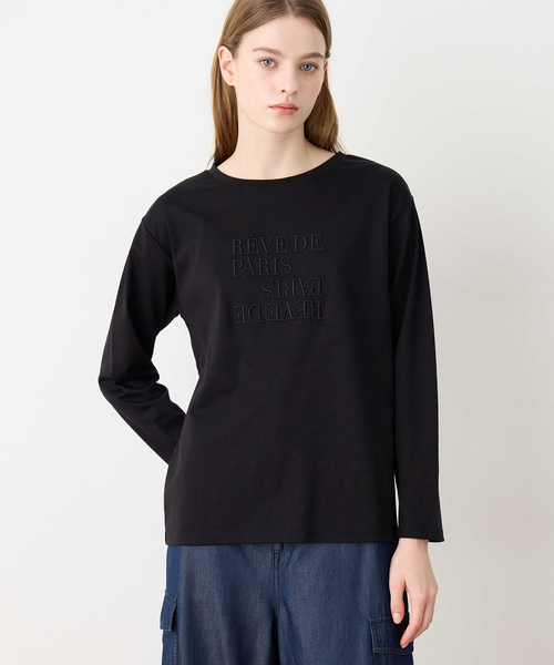 LE SOUK HOLIDAY(ルスークホリデー)の「刺しゅうロングTシャツ【綿100%】(Tシャツ/カットソー・レディース・ブラック/オフホワイト・M/L)」の1枚目の写真