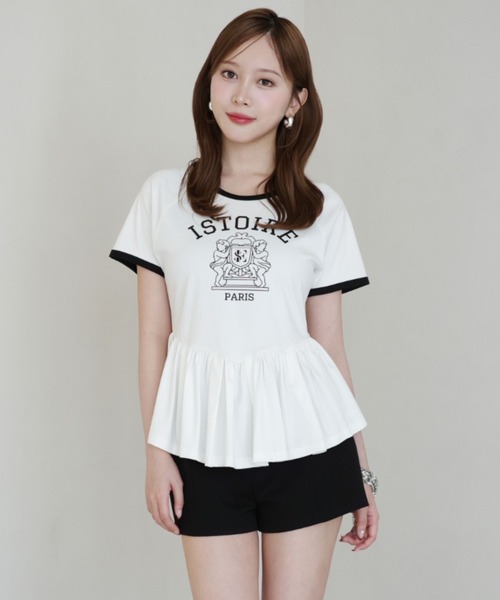 EIMY ISTOIRE(エイミーイストワール)の「バリエプリントぺプラムTシャツ(Tシャツ/カットソー・レディース・その他8/ホワイト/ブラック・F)」の2枚目の写真