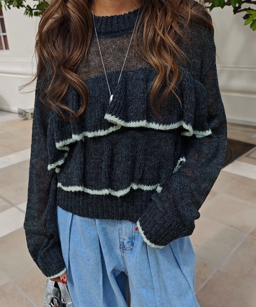 esutoreja（エストレジャ）の「バイカラーフリルニット（ニット/セーター・レディース・ブラウン/チャコール/アイボリー・FREE）」の3枚目の写真