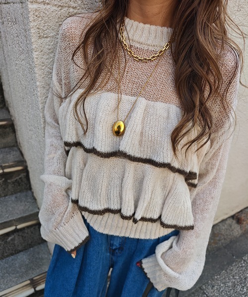 esutoreja（エストレジャ）の「バイカラーフリルニット（ニット/セーター・レディース・ブラウン/チャコール/アイボリー・FREE）」の2枚目の写真