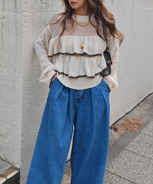 esutoreja（エストレジャ）の「バイカラーフリルニット（ニット/セーター・レディース・ブラウン/チャコール/アイボリー・FREE）」の4枚目の写真