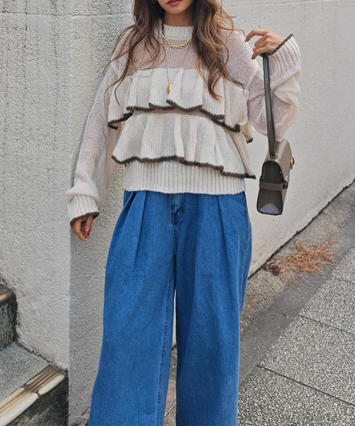 esutoreja（エストレジャ）の「バイカラーフリルニット（ニット/セーター・レディース・ブラウン/チャコール/アイボリー・FREE）」の6枚目の写真