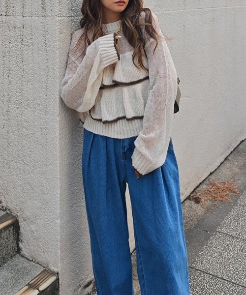 esutoreja（エストレジャ）の「バイカラーフリルニット（ニット/セーター・レディース・ブラウン/チャコール/アイボリー・FREE）」の5枚目の写真