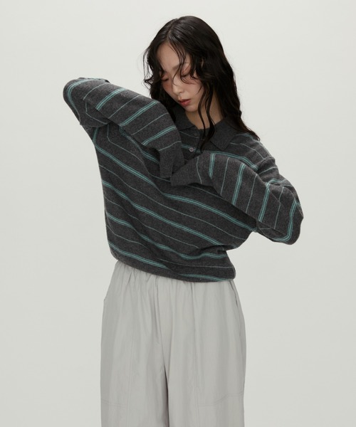 セール】Modern Stripe Knit Polo / モダンストライプ ニットポロ