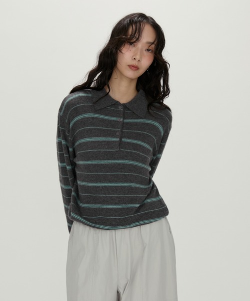 NUJOH(ヌゾ)の「Modern Stripe Knit Polo / モダンストライプ ニットポロ(ニット/セーター・レディース・グレー/ネイビー・FREE)」の5枚目の写真