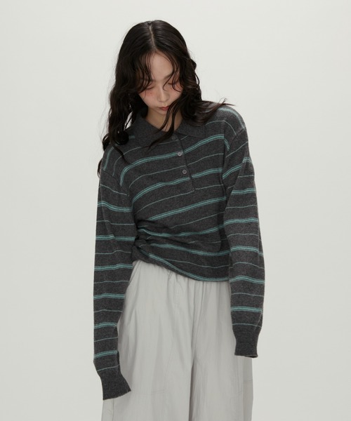 Modern Stripe Knit Polo / モダンストライプ ニットポロ（ニット