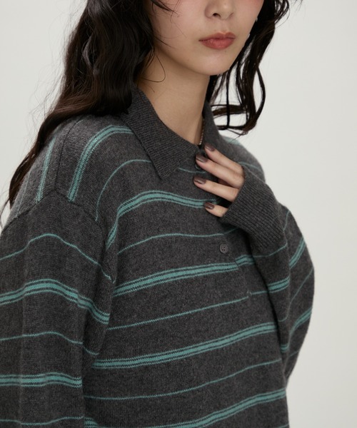 NUJOH(ヌゾ)の「Modern Stripe Knit Polo / モダンストライプ ニットポロ(ニット/セーター・レディース・グレー/ネイビー・FREE)」の11枚目の写真