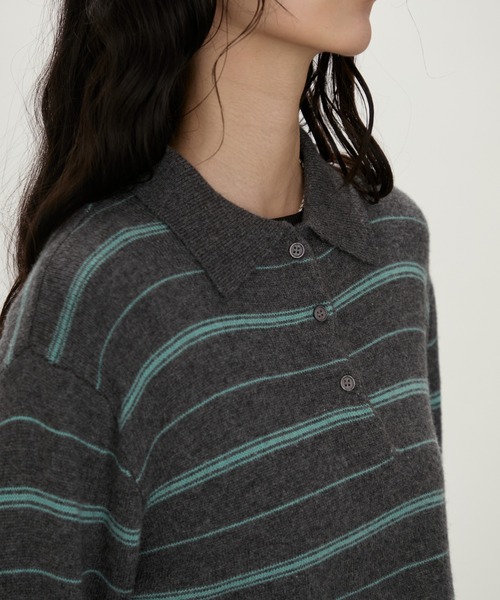 NUJOH(ヌゾ)の「Modern Stripe Knit Polo / モダンストライプ ニットポロ(ニット/セーター・レディース・グレー/ネイビー・FREE)」の12枚目の写真
