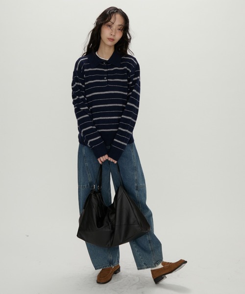 NUJOH(ヌゾ)の「Modern Stripe Knit Polo / モダンストライプ ニットポロ(ニット/セーター・レディース・グレー/ネイビー・FREE)」の16枚目の写真