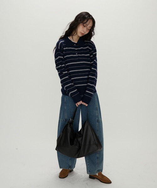 NUJOH(ヌゾ)の「Modern Stripe Knit Polo / モダンストライプ ニットポロ(ニット/セーター・レディース・グレー/ネイビー・FREE)」の17枚目の写真
