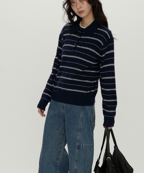 Modern Stripe Knit Polo / モダンストライプ ニットポロ（ニット