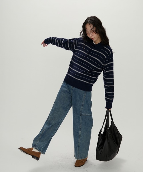 NUJOH(ヌゾ)の「Modern Stripe Knit Polo / モダンストライプ ニットポロ(ニット/セーター・レディース・グレー/ネイビー・FREE)」の15枚目の写真