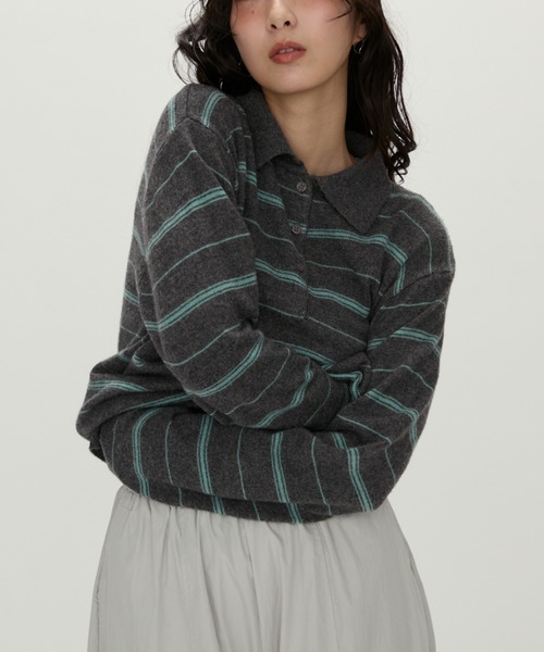 NUJOH(ヌゾ)の「Modern Stripe Knit Polo / モダンストライプ ニットポロ(ニット/セーター・レディース・グレー/ネイビー・FREE)」の7枚目の写真