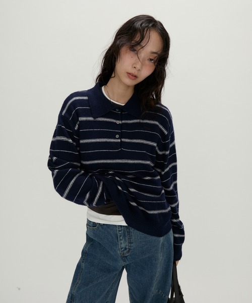 NUJOH(ヌゾ)の「Modern Stripe Knit Polo / モダンストライプ ニットポロ(ニット/セーター・レディース・グレー/ネイビー・FREE)」の13枚目の写真