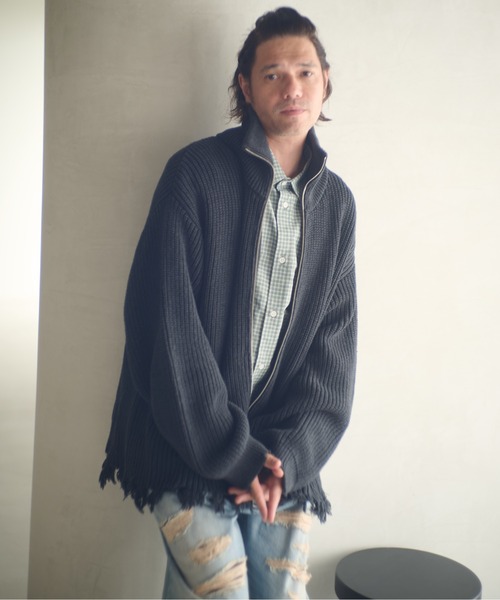ADAMPATEK/cotton wool damaged driver’s knit/ダメージドライバーズニットブルゾン