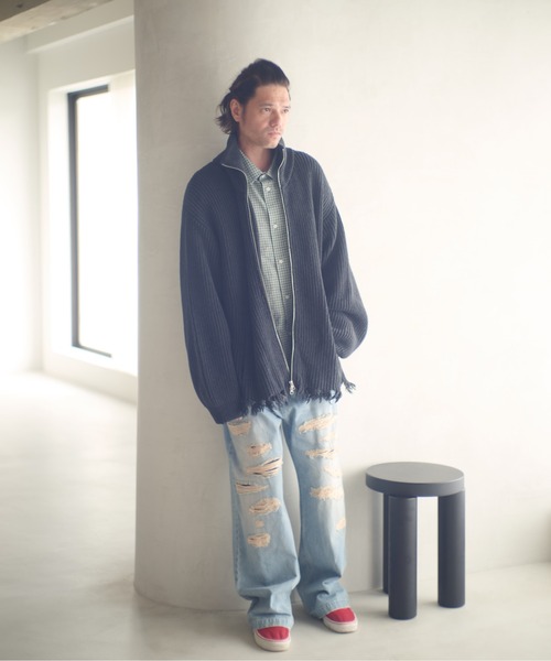 ADAM PATEK(アダムパテック)の「ADAMPATEK/cotton wool damaged driver’s knit/ダメージドライバーズニットブルゾン(カーディガン/ボレロ・メンズ・ブラック/グレー・1/2)」の10枚目の写真