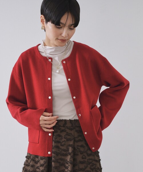 赤色 長袖カーディガン ベーシックカーディガントップス/コンパクト クルーネック 長袖 無地