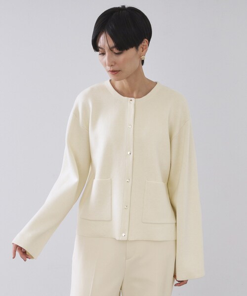 スナップボタン ダブルフェイス配色ニットカーディガン【洗濯機