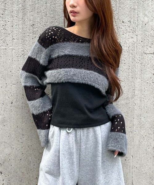 3.3 Field Trip （3.3フィールドトリップ）の「3.3 Field Trip／メッシュボーダーショートニット（ニット/セーター・レディース・ブラック/ホワイト/チャコール・FREE）」の3枚目の写真