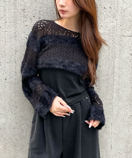 3.3 Field Trip （3.3フィールドトリップ）の「3.3 Field Trip／メッシュボーダーショートニット（ニット/セーター・レディース・ブラック/ホワイト/チャコール・FREE）」の2枚目の写真