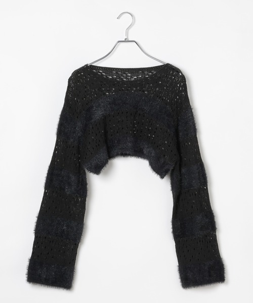 3.3 Field Trip （3.3フィールドトリップ）の「3.3 Field Trip／メッシュボーダーショートニット（ニット/セーター・レディース・ブラック/ホワイト/チャコール・FREE）」の22枚目の写真