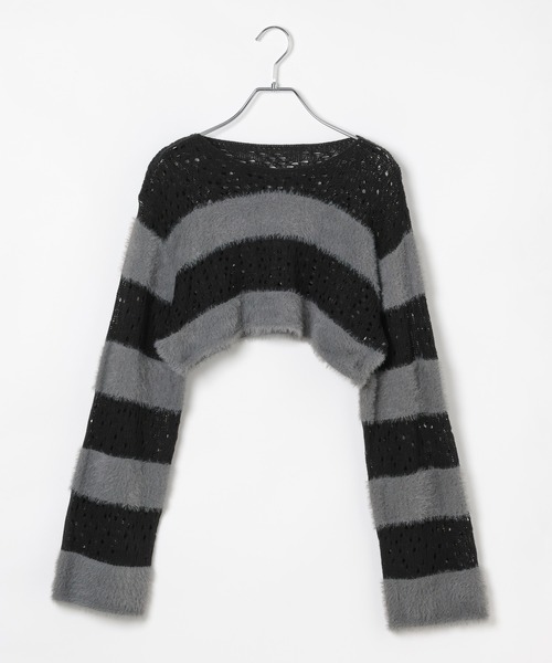 3.3 Field Trip （3.3フィールドトリップ）の「3.3 Field Trip／メッシュボーダーショートニット（ニット/セーター・レディース・ブラック/ホワイト/チャコール・FREE）」の21枚目の写真