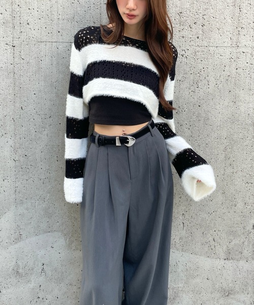 3.3 Field Trip （3.3フィールドトリップ）の「3.3 Field Trip／メッシュボーダーショートニット（ニット/セーター・レディース・ブラック/ホワイト/チャコール・FREE）」の20枚目の写真