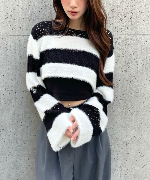 3.3 Field Trip （3.3フィールドトリップ）の「3.3 Field Trip／メッシュボーダーショートニット（ニット/セーター・レディース・ブラック/ホワイト/チャコール・FREE）」の19枚目の写真