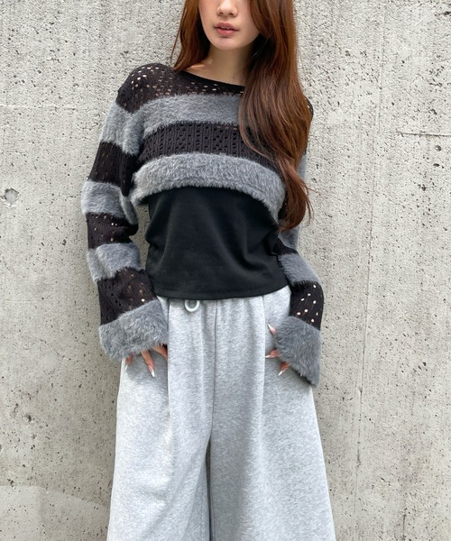 3.3 Field Trip （3.3フィールドトリップ）の「3.3 Field Trip／メッシュボーダーショートニット（ニット/セーター・レディース・ブラック/ホワイト/チャコール・FREE）」の15枚目の写真