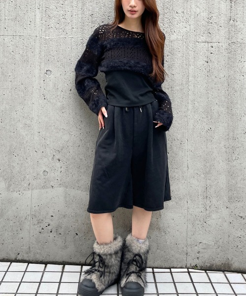 3.3 Field Trip （3.3フィールドトリップ）の「3.3 Field Trip／メッシュボーダーショートニット（ニット/セーター・レディース・ブラック/ホワイト/チャコール・FREE）」の11枚目の写真