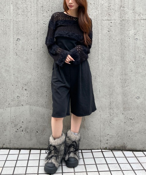 3.3 Field Trip （3.3フィールドトリップ）の「3.3 Field Trip／メッシュボーダーショートニット（ニット/セーター・レディース・ブラック/ホワイト/チャコール・FREE）」の10枚目の写真