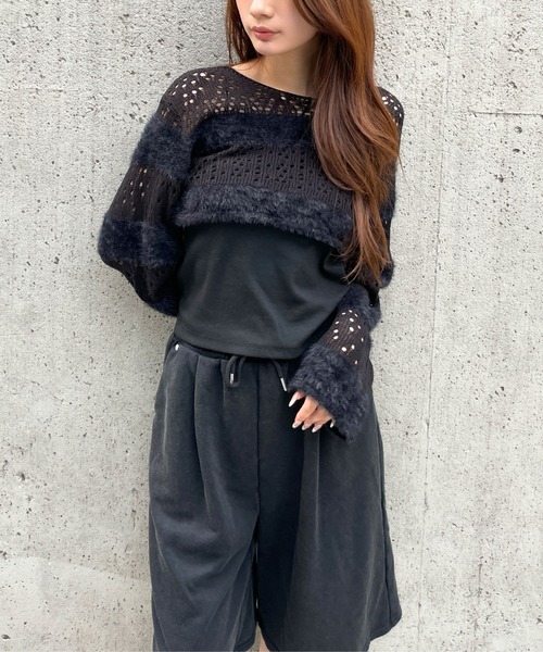 3.3 Field Trip （3.3フィールドトリップ）の「3.3 Field Trip／メッシュボーダーショートニット（ニット/セーター・レディース・ブラック/ホワイト/チャコール・FREE）」の9枚目の写真