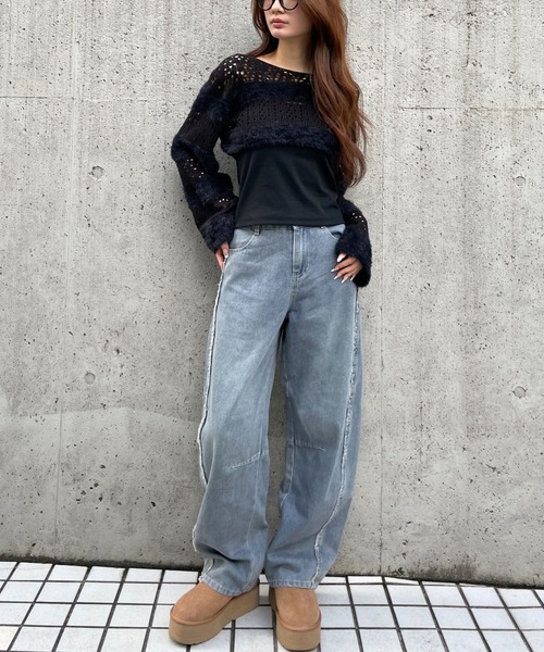 3.3 Field Trip （3.3フィールドトリップ）の「3.3 Field Trip／メッシュボーダーショートニット（ニット/セーター・レディース・ブラック/ホワイト/チャコール・FREE）」の13枚目の写真