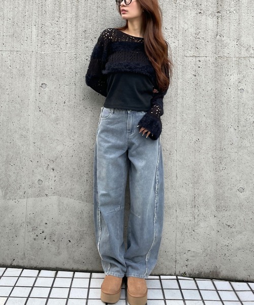 3.3 Field Trip （3.3フィールドトリップ）の「3.3 Field Trip／メッシュボーダーショートニット（ニット/セーター・レディース・ブラック/ホワイト/チャコール・FREE）」の12枚目の写真