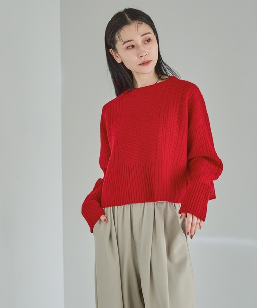 A part by(アパートバイ)の「ケーブルニットプルオーバー(ニット/セーター・レディース・ブラック/アイボリー/イエロー系その他/レッド・FREE)」の4枚目の写真