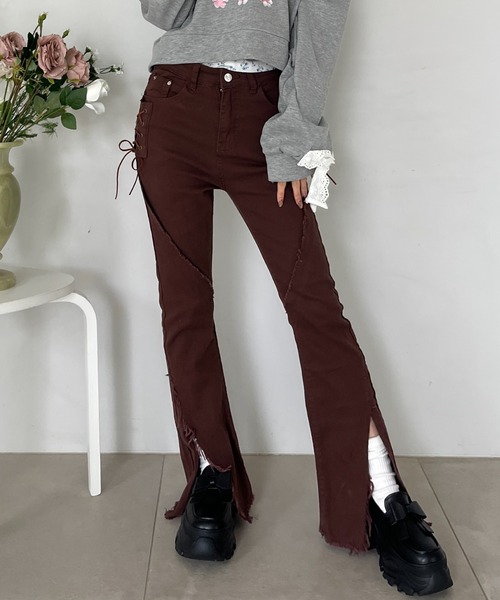 MORE self LOVE（モアセルフラブ）の「サイドレースアップフィットフレアデニム（デニムパンツ・レディース・ブルー/ブラウン・FREE）」の8枚目の写真
