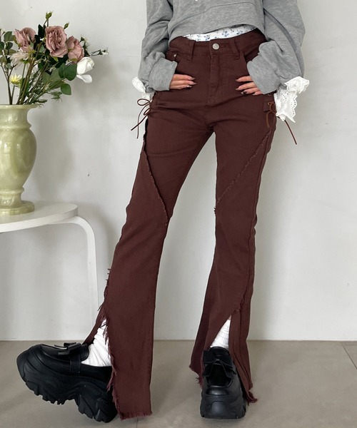 MORE self LOVE（モアセルフラブ）の「サイドレースアップフィットフレアデニム（デニムパンツ・レディース・ブルー/ブラウン・FREE）」の12枚目の写真