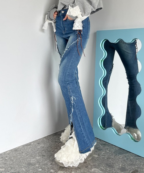 MORE self LOVE（モアセルフラブ）の「サイドレースアップフィットフレアデニム（デニムパンツ・レディース・ブルー/ブラウン・FREE）」の10枚目の写真