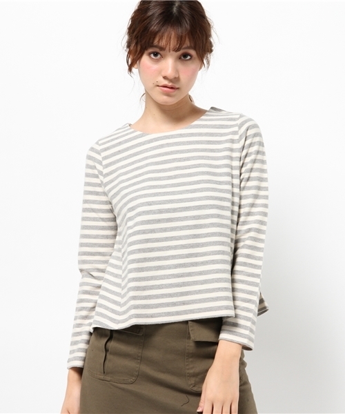 mystic(ミスティック)の「【mystic】ボーダーペプラムプルオーバー(Tシャツ/カットソー・レディース・オフホワイト/ネイビー/ブラック・フリ-)」の1枚目の写真