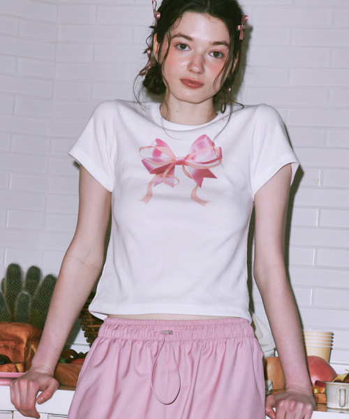 RONRON(ロンロン)の「DOUBLE RIBBON SLIM CROP T SHIRT WHITE PINK(Tシャツ/カットソー・レディース・その他・FREE)」の1枚目の写真