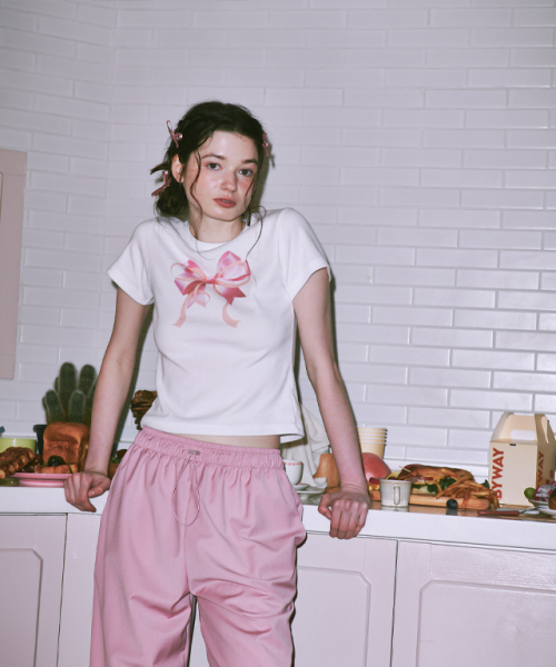 RONRON(ロンロン)の「DOUBLE RIBBON SLIM CROP T SHIRT WHITE PINK(Tシャツ/カットソー・レディース・その他・FREE)」の9枚目の写真