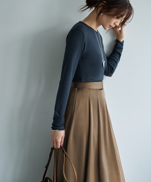 STYLE DELI（スタイルデリ）の「とろみ薄リブクルーネックトップス（Tシャツ/カットソー・レディース・ホワイト/チャコールグレー/ライトブラウン/ブラック・FREE）」の13枚目の写真