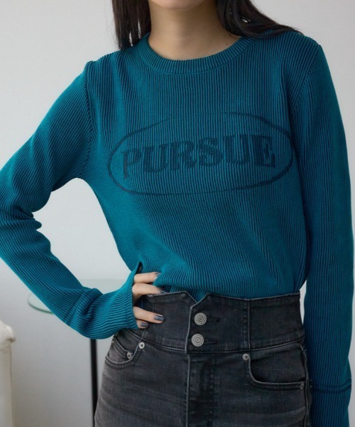 AZUL by moussy(アズールバイマウジー)の「ジャガードロゴリブトップス(Tシャツ/カットソー・レディース・ライトブラウン/ブラック/ダークブルー・FREE)」の3枚目の写真