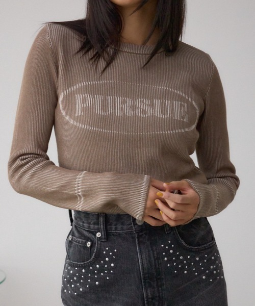 AZUL by moussy(アズールバイマウジー)の「ジャガードロゴリブトップス(Tシャツ/カットソー・レディース・ライトブラウン/ブラック/ダークブルー・FREE)」の1枚目の写真