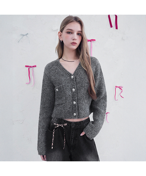 Vivacious(ビバシャス)の「Elodie Pocket Crop Knit Cardigan_5Colors(カーディガン/ボレロ・レディース・スカイブルー/グレー/ピンク/アイボリー/チャコール・FREE)」の1枚目の写真