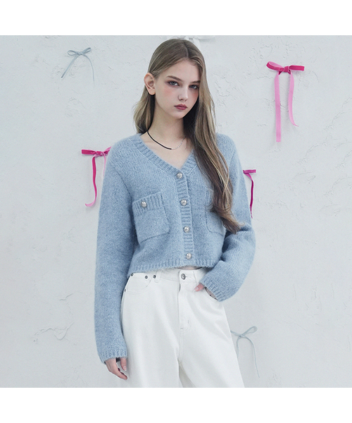 Vivacious(ビバシャス)の「Elodie Pocket Crop Knit Cardigan_5Colors(カーディガン/ボレロ・レディース・スカイブルー/グレー/ピンク/アイボリー/チャコール・FREE)」の4枚目の写真