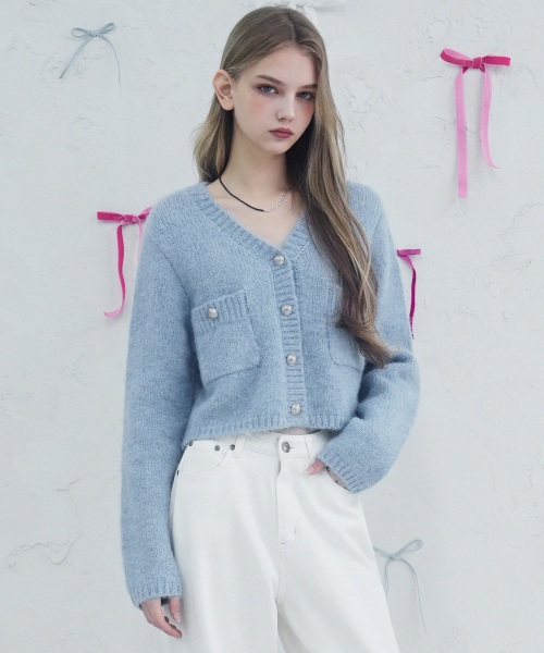 Vivacious(ビバシャス)の「Elodie Pocket Crop Knit Cardigan_5Colors(カーディガン/ボレロ・レディース・スカイブルー/グレー/ピンク/アイボリー/チャコール・FREE)」の7枚目の写真