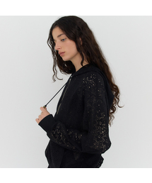 CATHY FLOWER LACE HOODIE ZIP-UP - BLACK